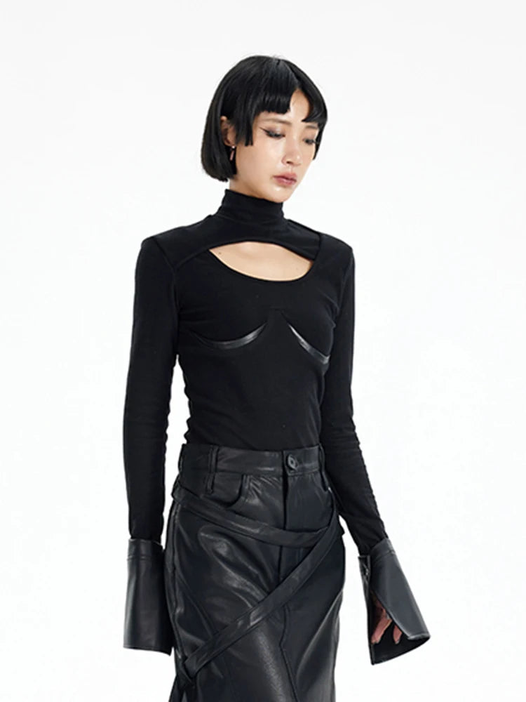 Leather Knitting Top - Black