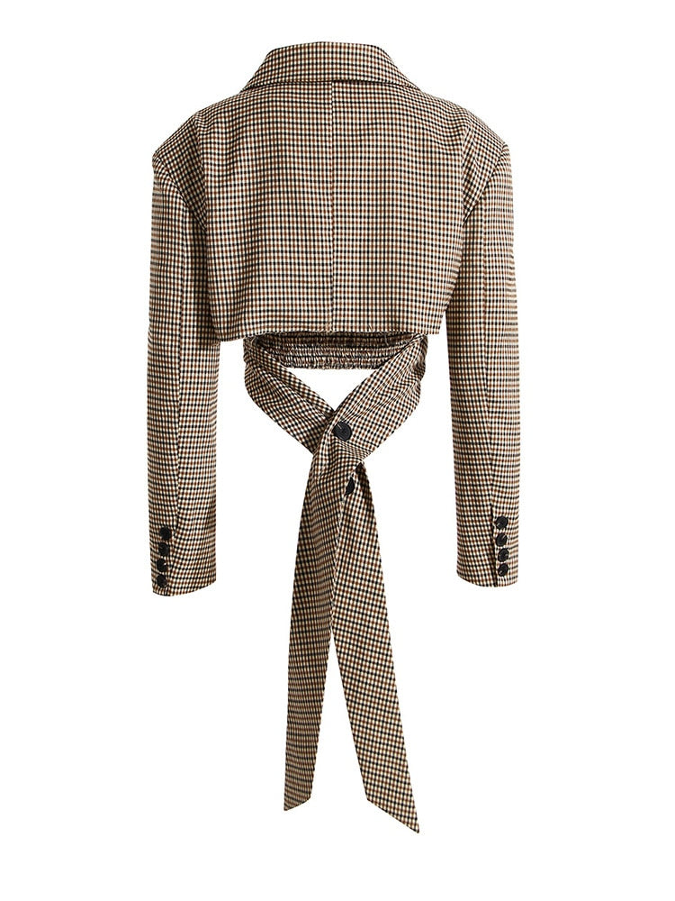 Women Khaki Plaid Short Blazer