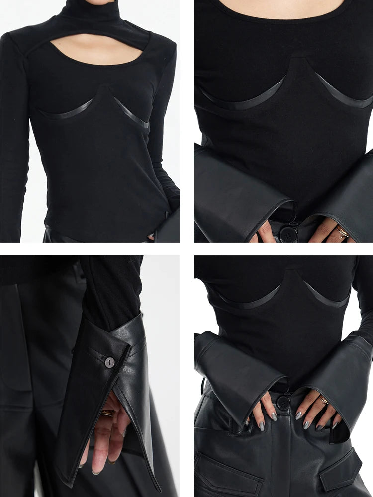 Leather Knitting Top - Black