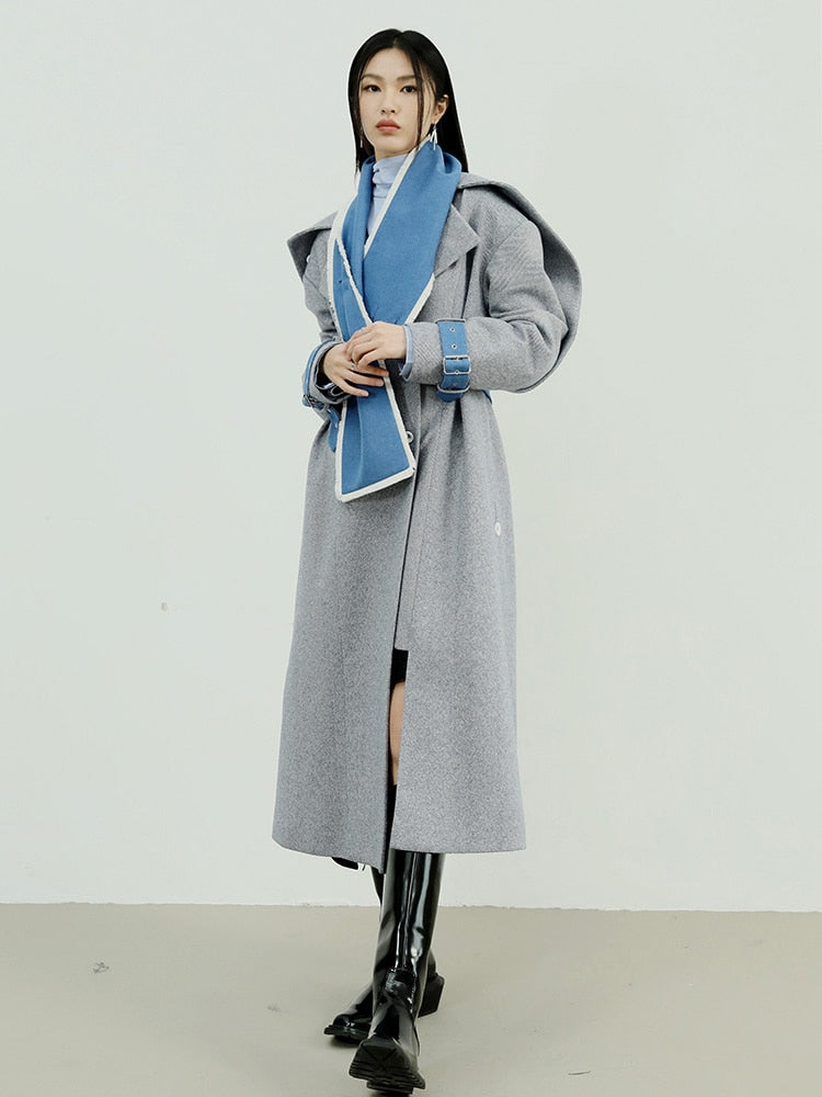 Gray Color-block Burr Woolen Coat