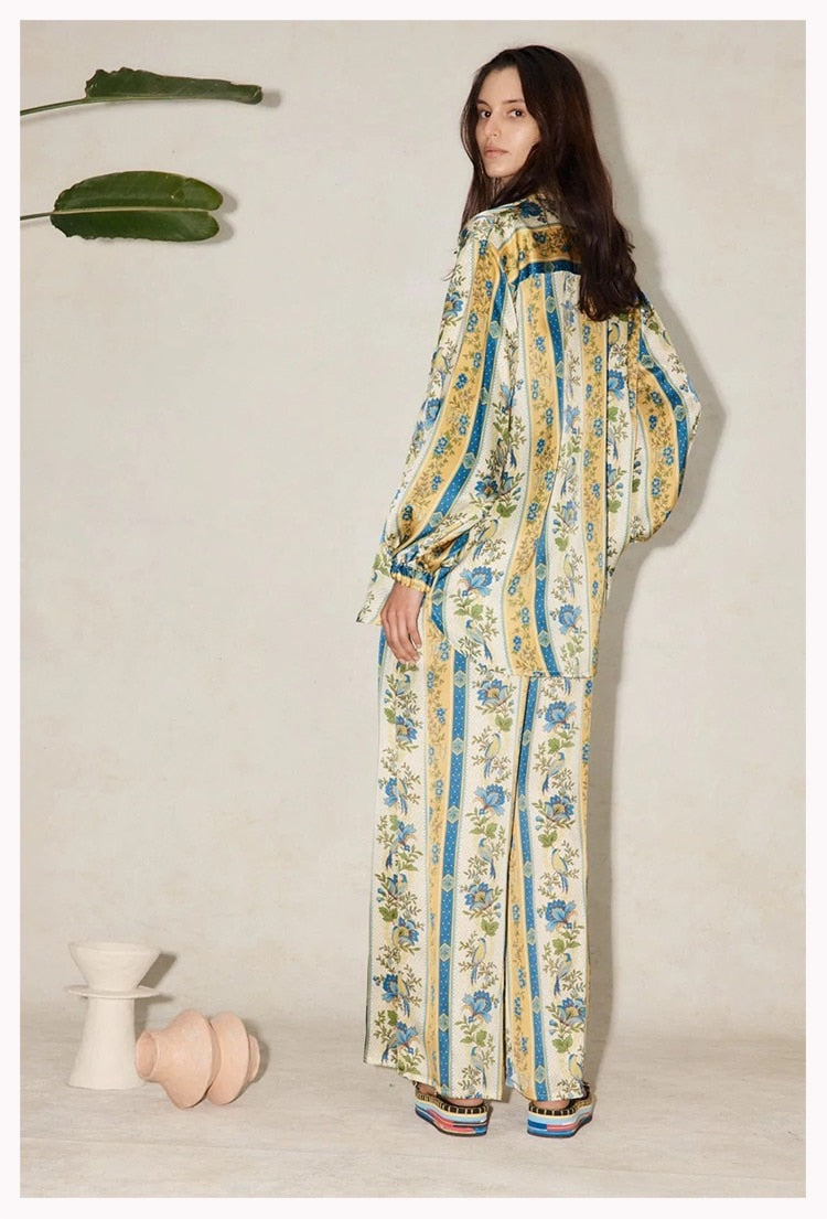 Women Blouse Printed Shirt and Wide Leg Pants