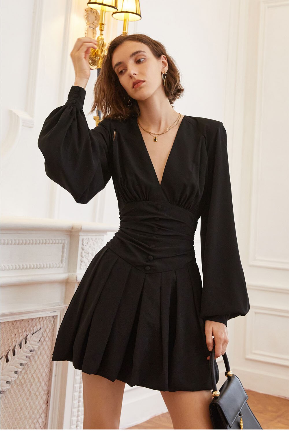 Puff Sleeve Short Dress - Black