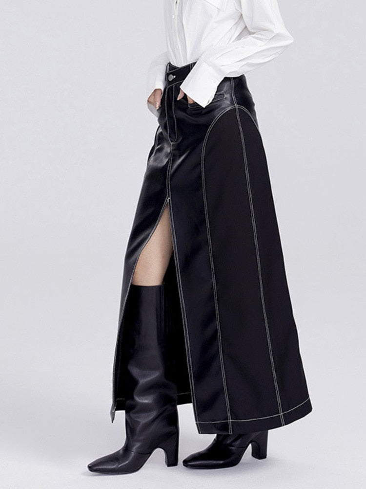 High Waist Leather Long Skirt - Black