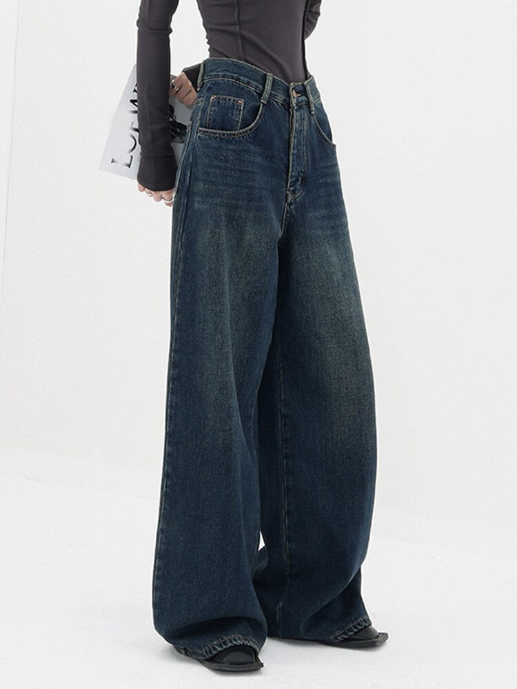 High Waist Blue Denim Wide Leg Jeans