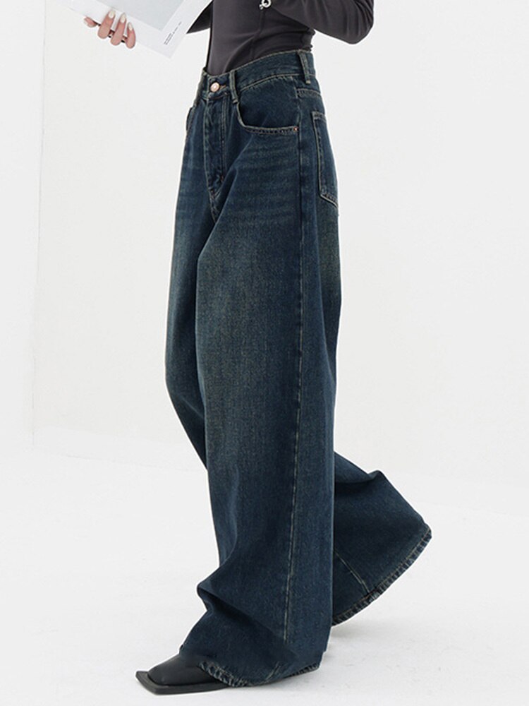 High Waist Blue Denim Wide Leg Jeans