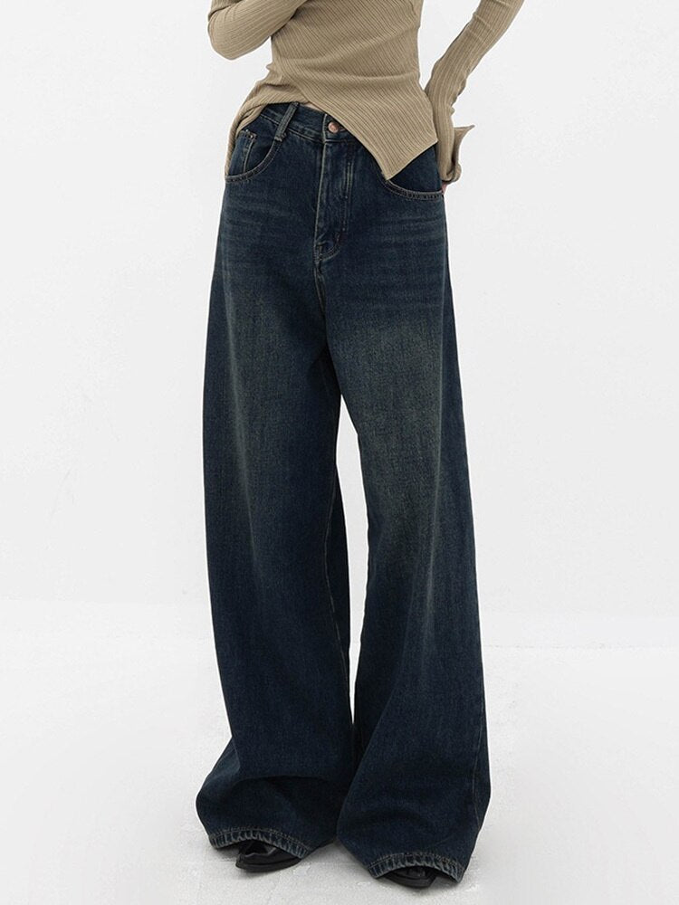 High Waist Blue Denim Wide Leg Jeans