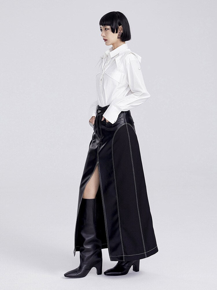 High Waist Leather Long Skirt - Black