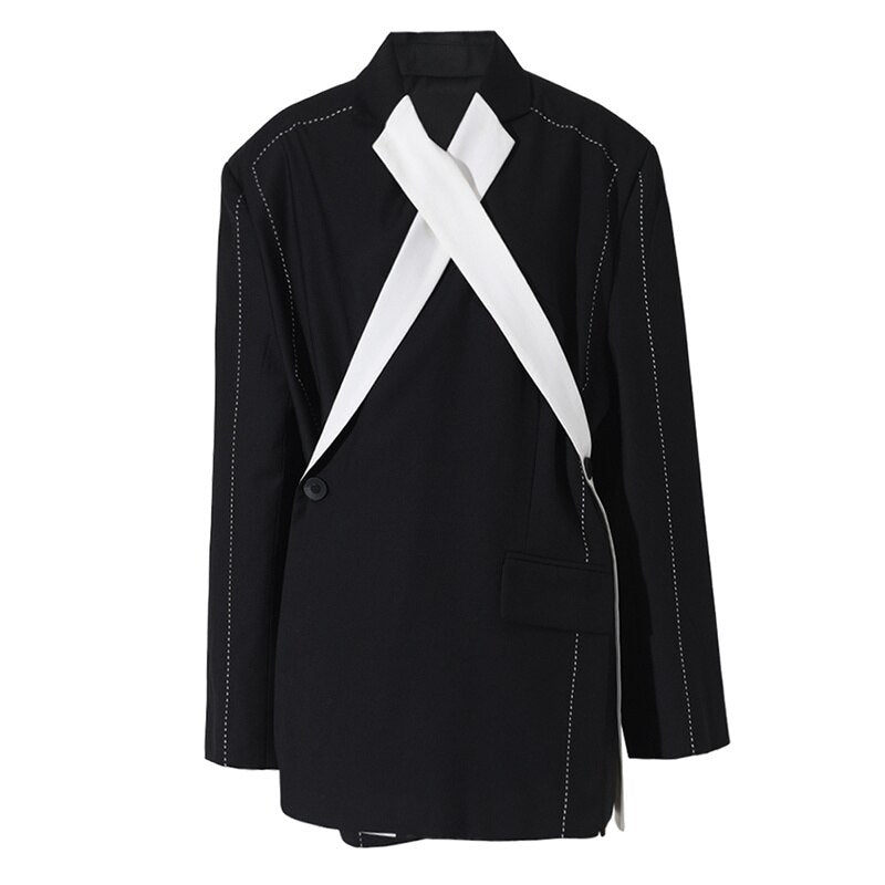 Women's Black Cross Topstitched Blazer Long Sleeve  Jacket