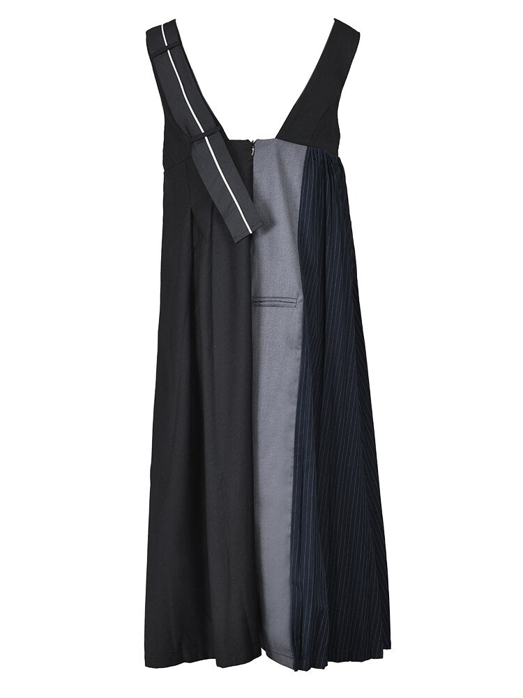 Women Black Color-block Pleated Long Strap Dress