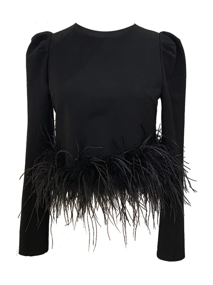 Long Sleeve Feathers Top - Black