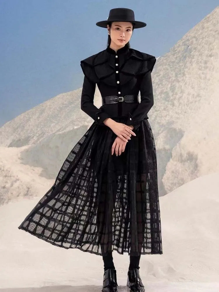 Long Sleeve Top and High Waist Black Skirt