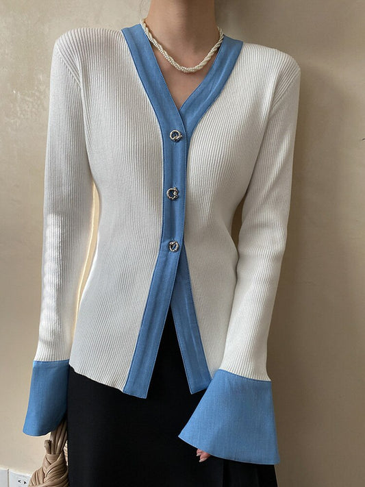 Cardigan Sweater - White - Blue