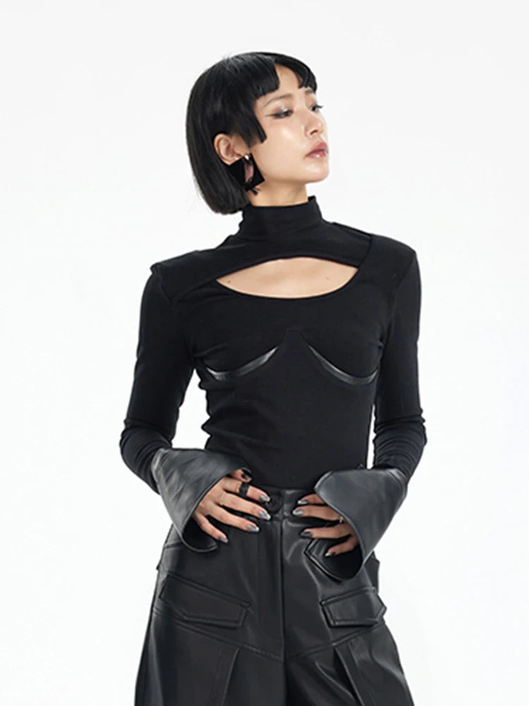 Leather Knitting Top - Black