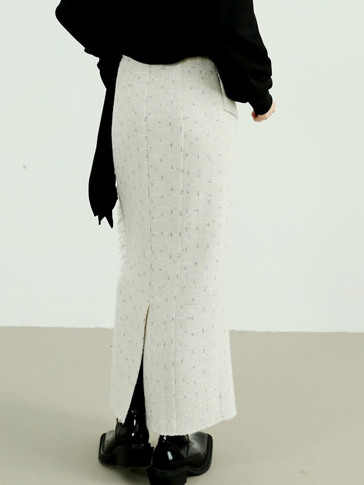 High Waist White Irregular Tassel Tweed Long Skirt