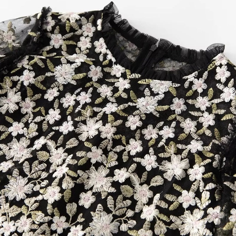 Long sleeve Flower Embroidery Mesh Black Dress