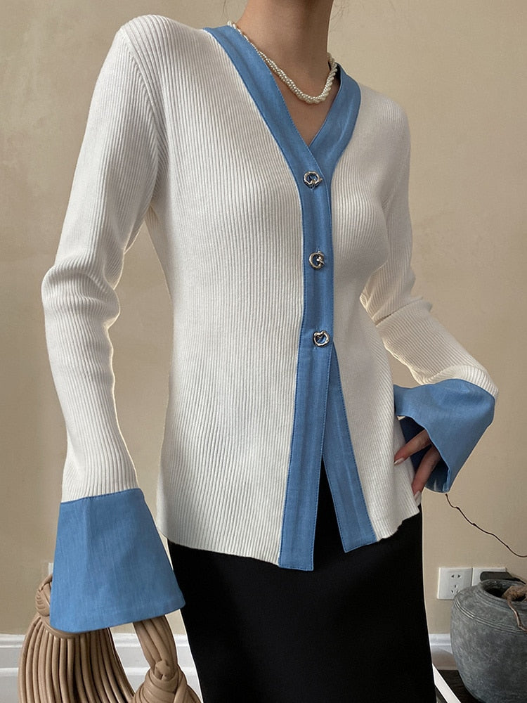 Cardigan Sweater - White - Blue