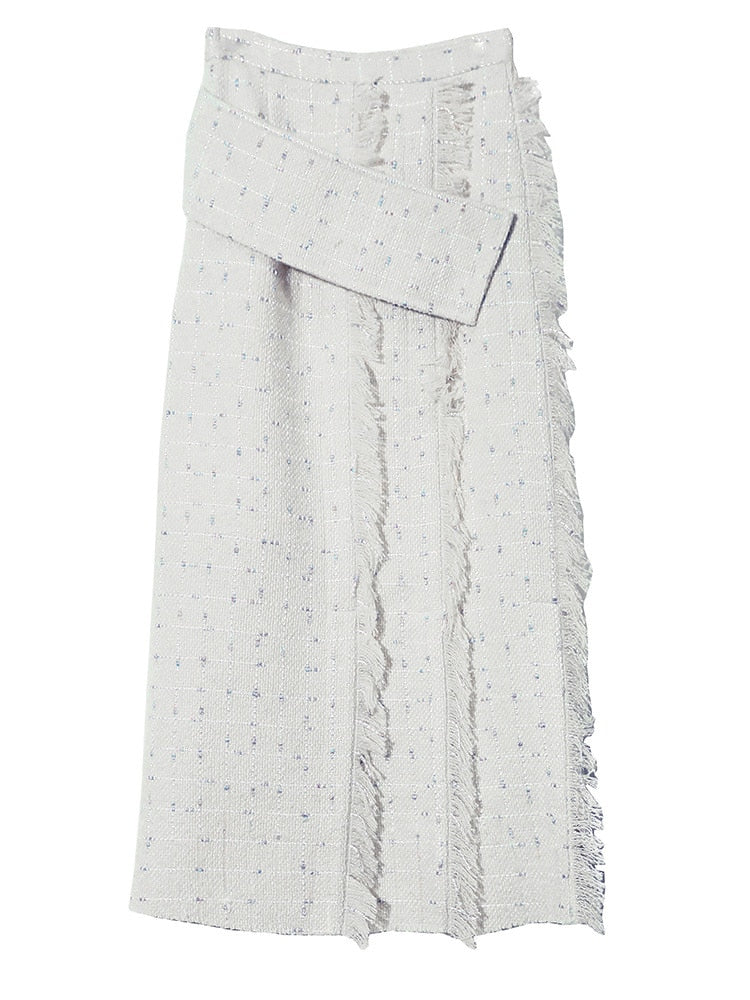 High Waist White Irregular Tassel Tweed Long Skirt