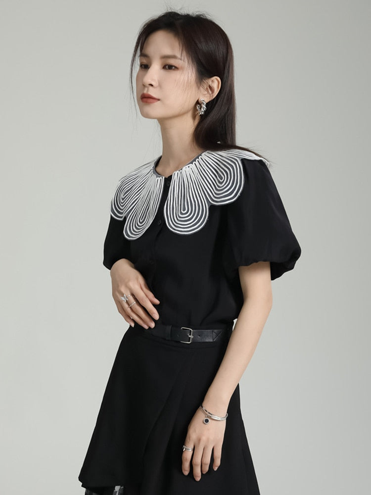 White Pleated Color-block Short Puff Sleeve