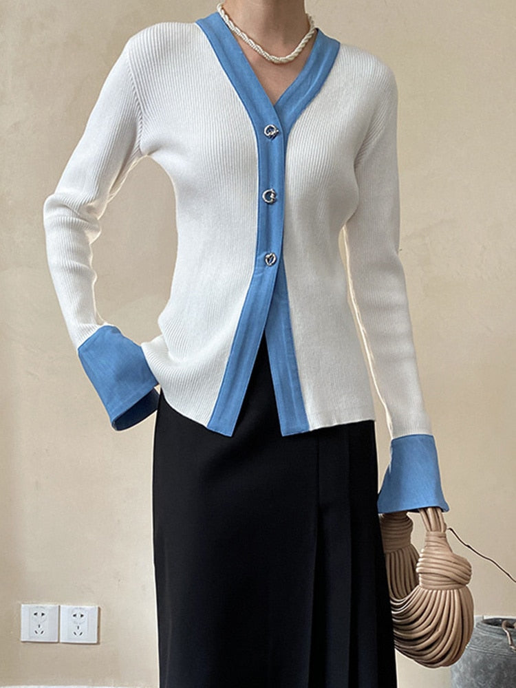 Cardigan Sweater - White - Blue