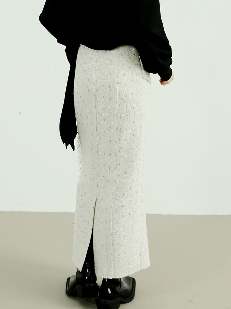 High Waist White Irregular Tassel Tweed Long Skirt