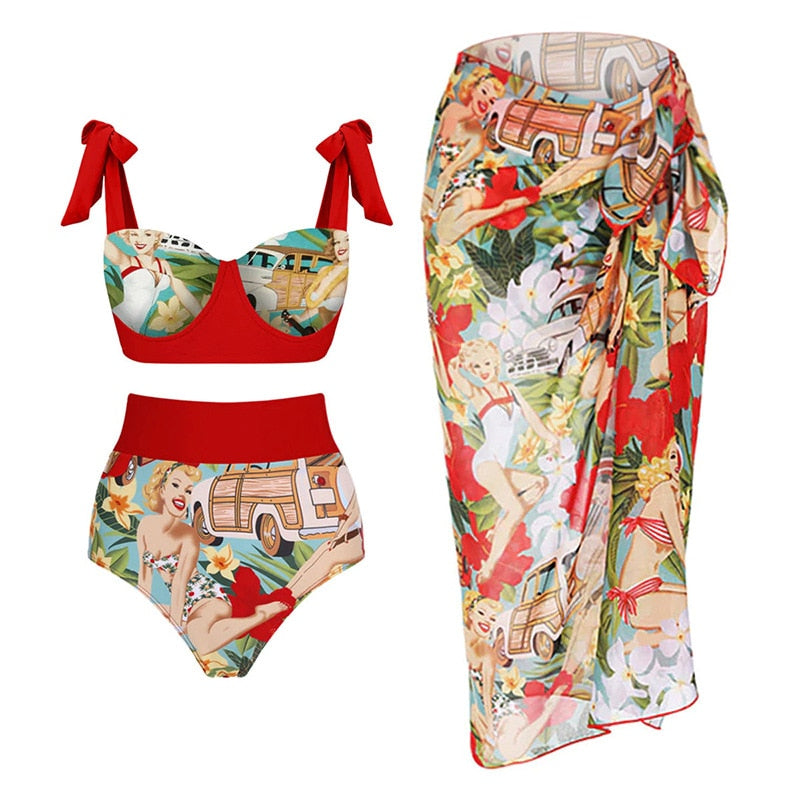 Two Piece Swimsuit  Bikinis Set Push Up and Beach Skirt