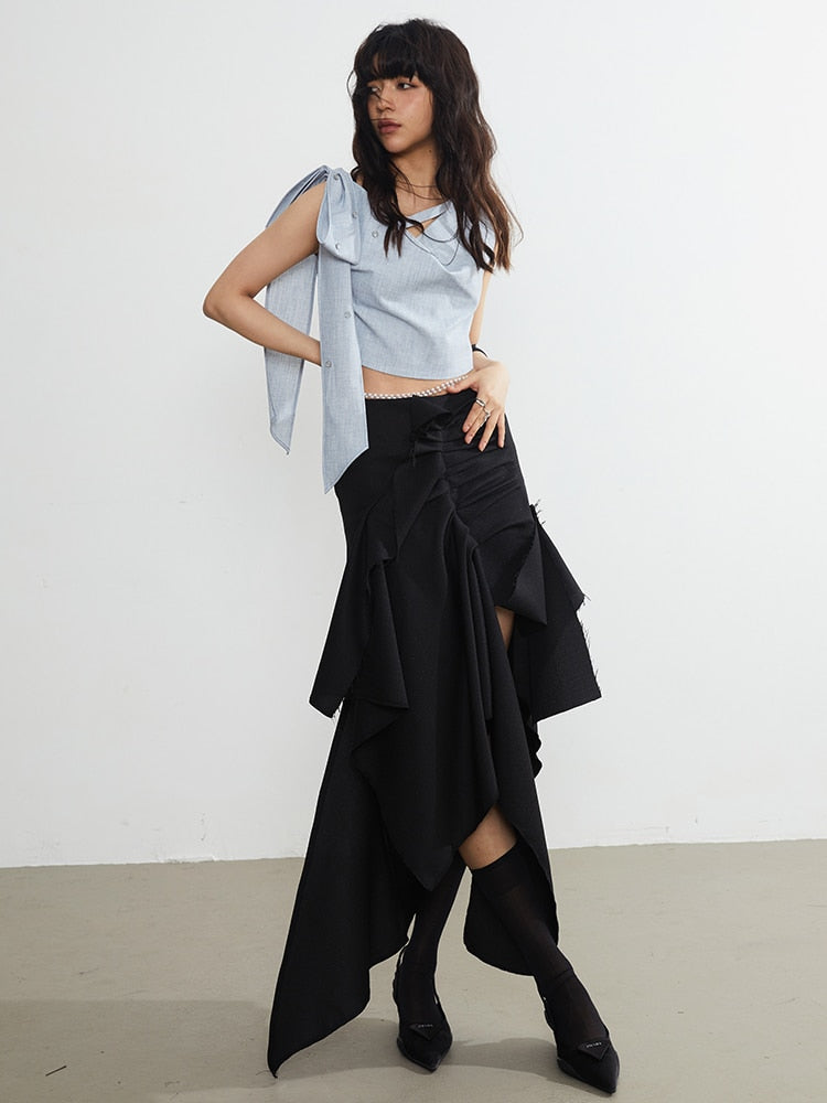 High Waist Black Ruffles Skirt