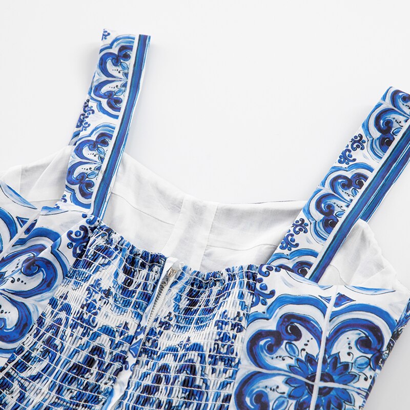 Summer Women's Dress Spaghetti Strap Blue and White Print