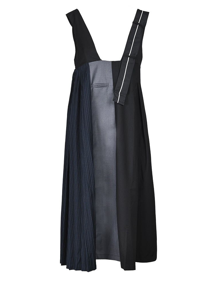 Women Black Color-block Pleated Long Strap Dress