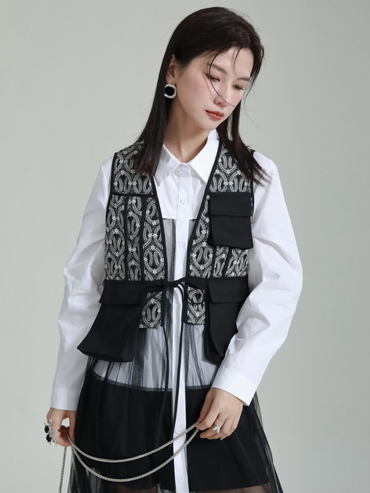 Women Black Pattern Color-block Vest