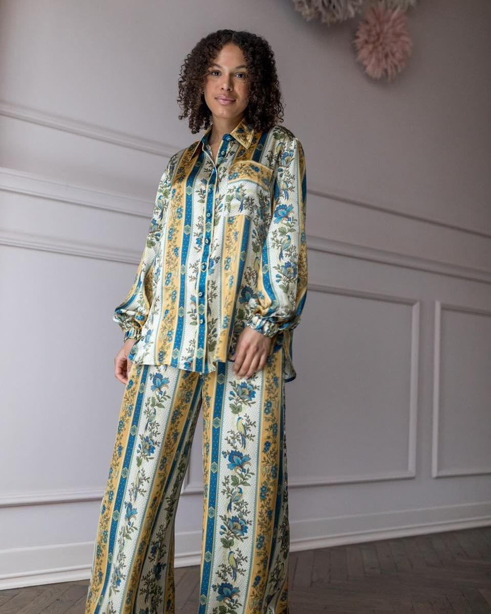 Women Blouse Printed Shirt and Wide Leg Pants