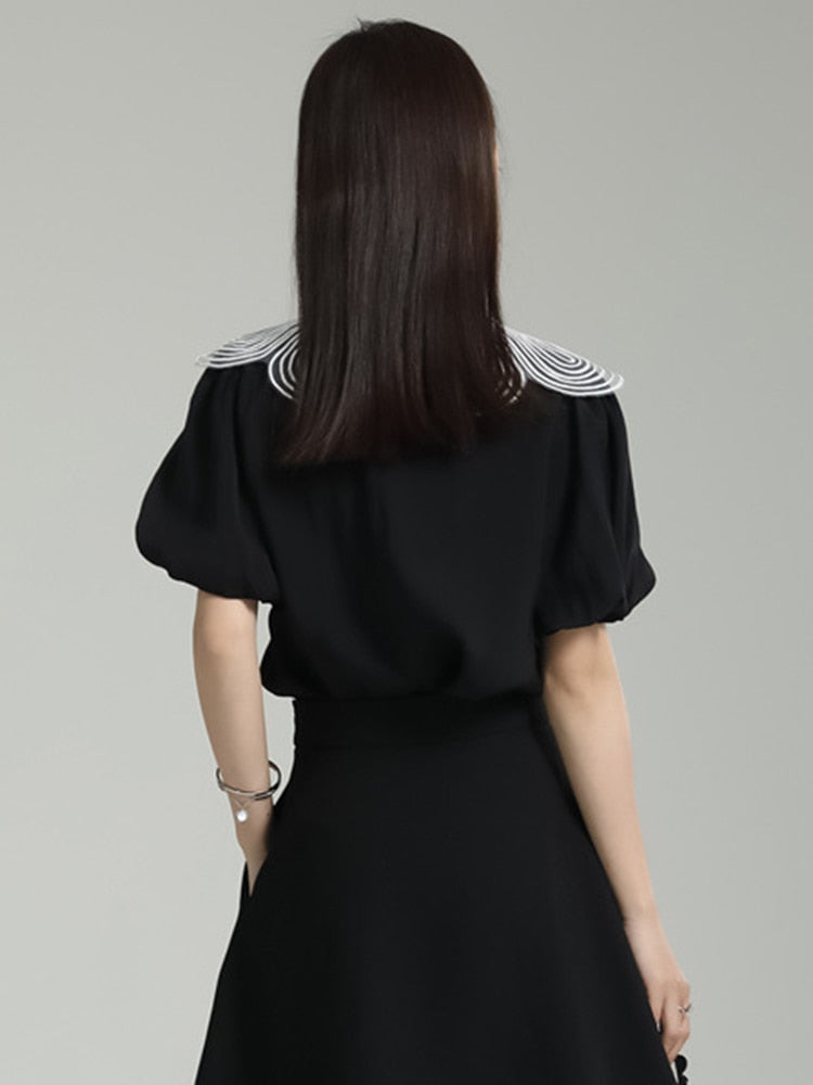 White Pleated Color-block Short Puff Sleeve