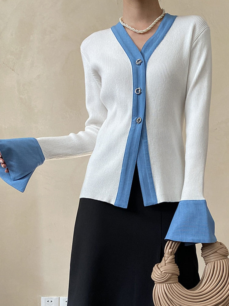 Cardigan Sweater - White - Blue