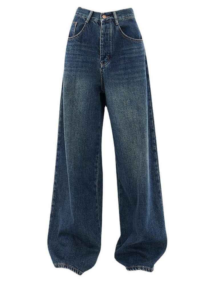 High Waist Blue Denim Wide Leg Jeans