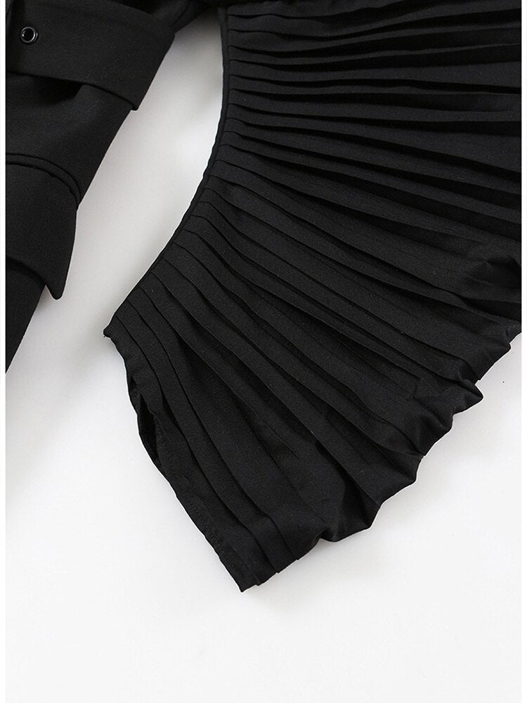 Women Black Pleated Belt Blazer Long Sleeve