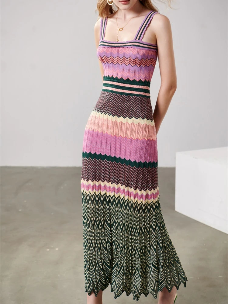 Knit Dres Sleeveless Slash Neck Colorful Midi