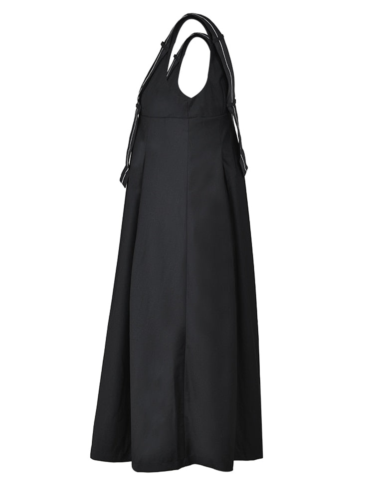 Women Black Color-block Pleated Long Strap Dress