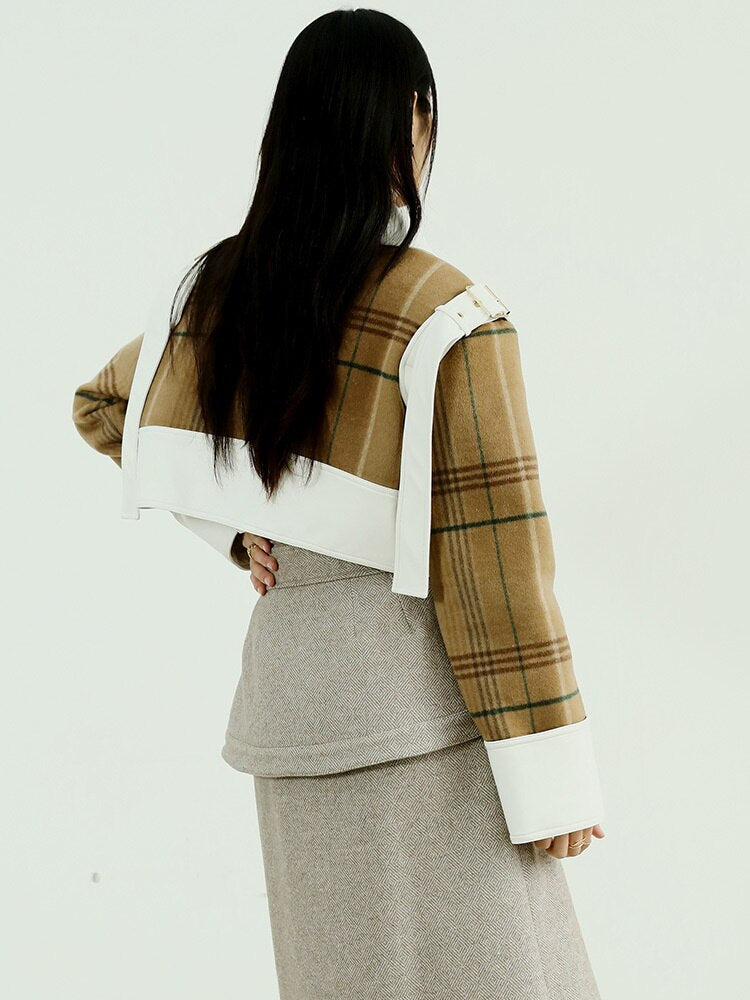 Brown Plaid Pockets  Jacket Long Sleeve