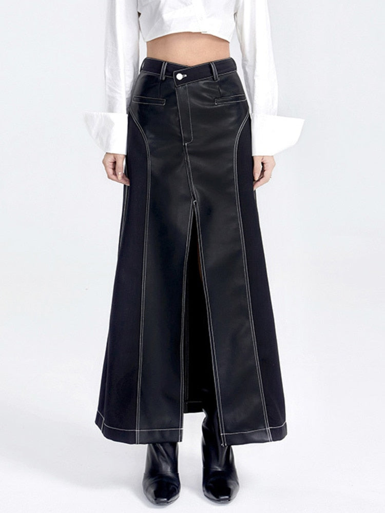 High Waist Leather Long Skirt - Black