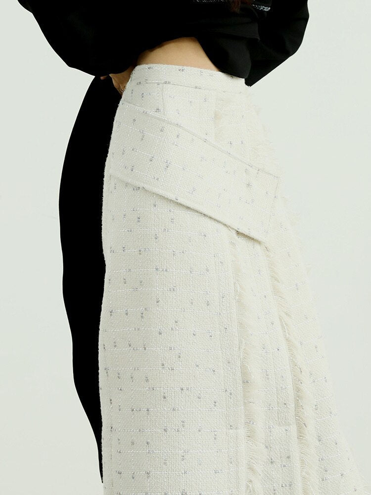 High Waist White Irregular Tassel Tweed Long Skirt