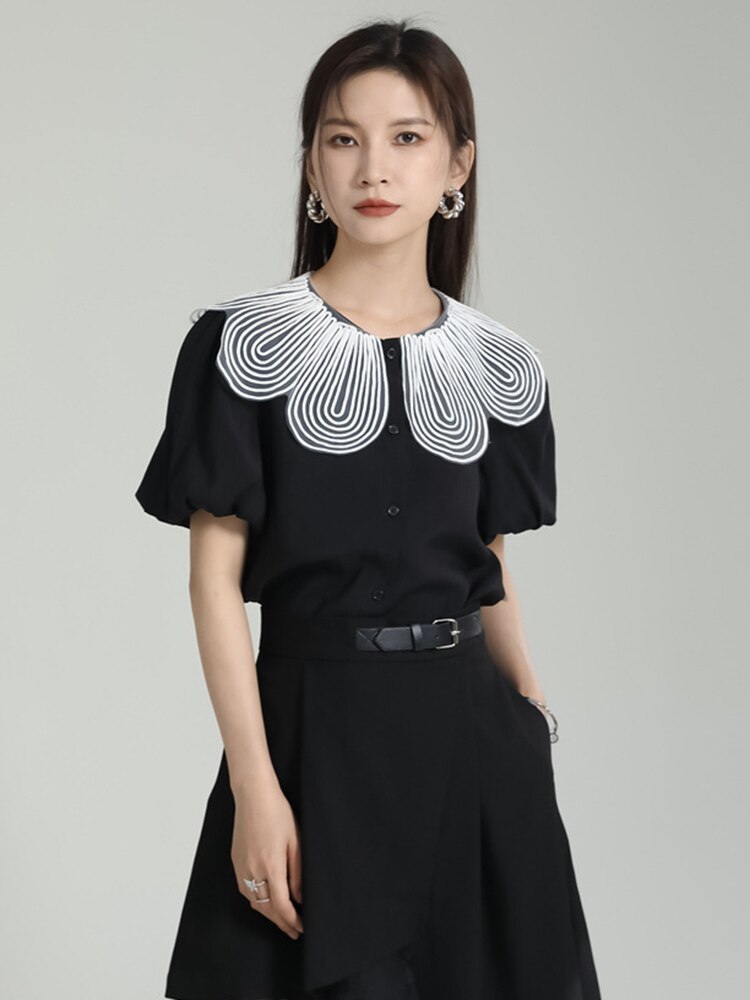 White Pleated Color-block Short Puff Sleeve