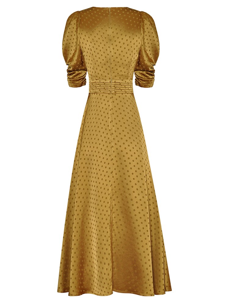 Golden Short Sleeve Dot Printing Midi Dresses