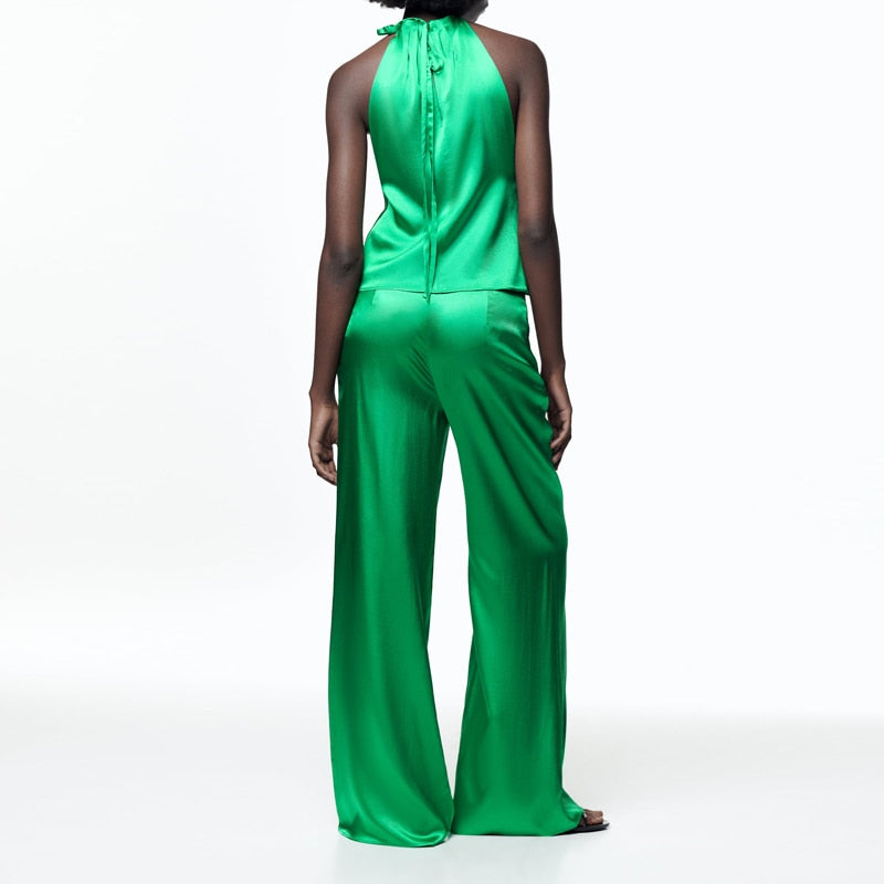 Tops Sleeveless shirt and Wide leg pants Green