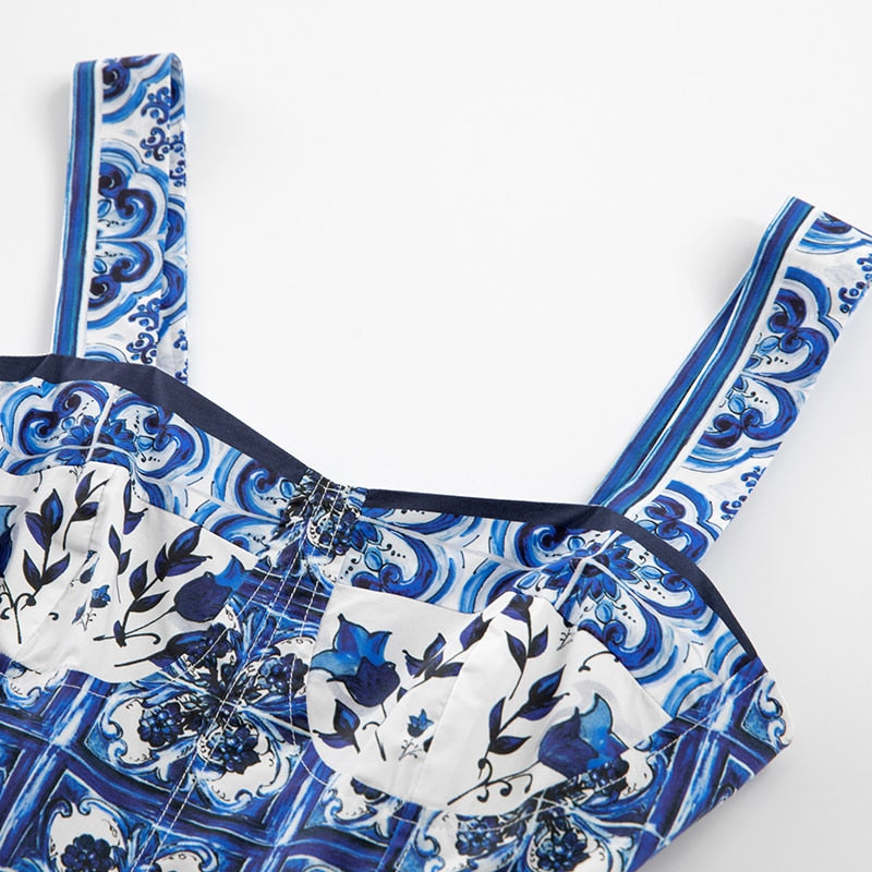 Summer Women's Dress Spaghetti Strap Blue and White Print