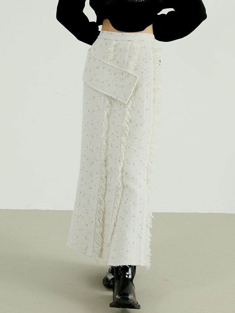 High Waist White Irregular Tassel Tweed Long Skirt