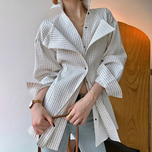 Patchwork Ruffle Shirt For Women Lapel Long Sleeve Striped - White