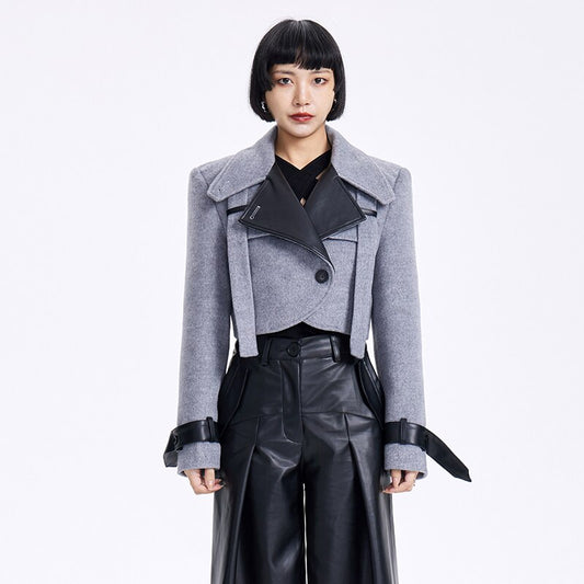 Gray Leather Short Elegant Woolen Coat