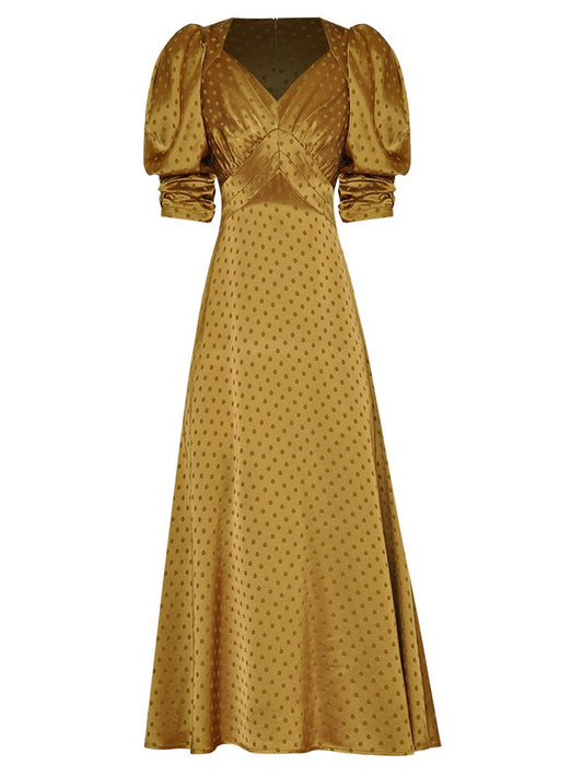 Golden Short Sleeve Dot Printing Midi Dresses