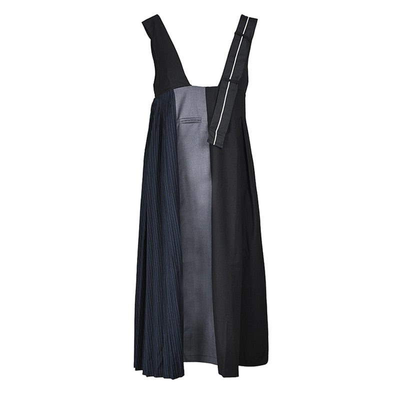 Women Black Color-block Pleated Long Strap Dress