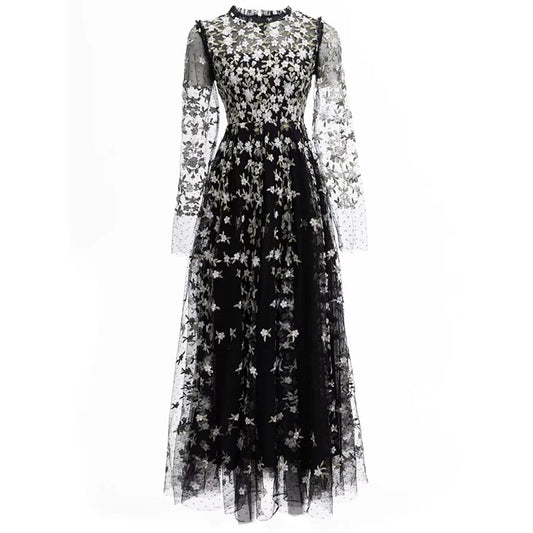 Long sleeve Flower Embroidery Mesh Black Dress