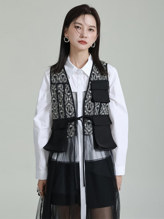 Women Black Pattern Color-block Vest